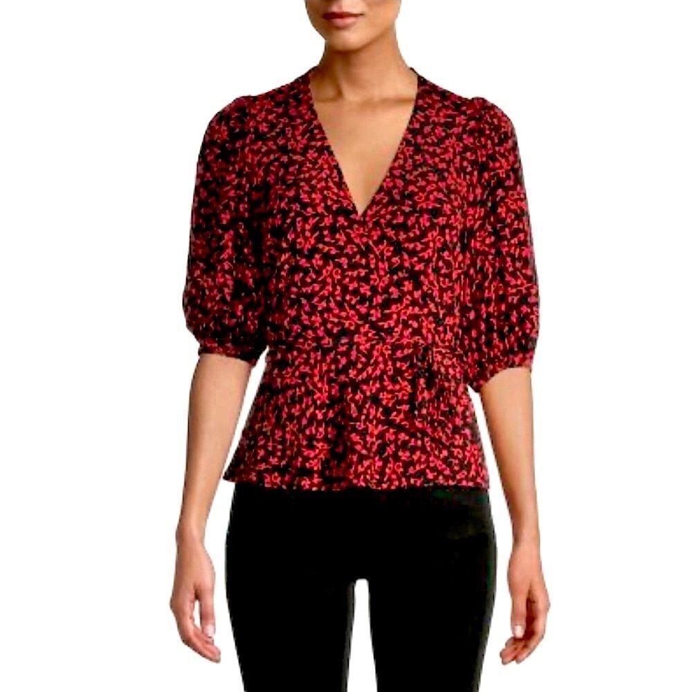 Ganni Red Floral Printed Crepe Wrap Top - Size 36 / US 4 - Small